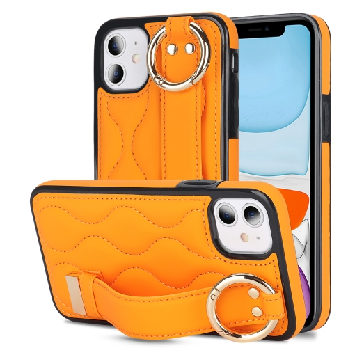 

For iPhone 11 Non-slip Full Coverage Ring PU Phone Case with Wristband(Orange)