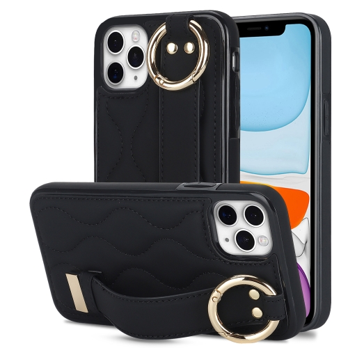 

For iPhone 11 Pro Non-slip Full Coverage Ring PU Phone Case with Wristband(Black)