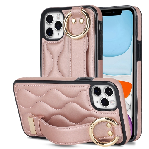 

For iPhone 11 Pro Non-slip Full Coverage Ring PU Phone Case with Wristband(Rose Gold)