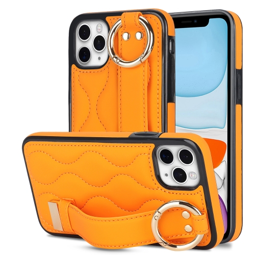 

For iPhone 11 Pro Non-slip Full Coverage Ring PU Phone Case with Wristband(Orange)