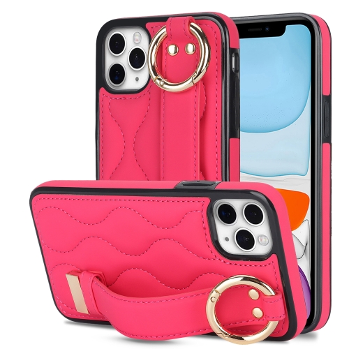 

For iPhone 11 Pro Non-slip Full Coverage Ring PU Phone Case with Wristband(Rose Red)