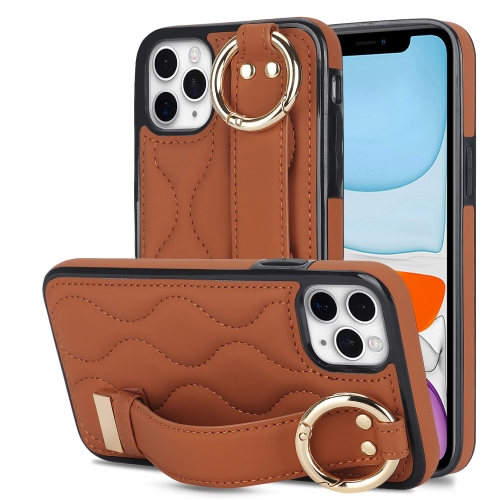 

For iPhone 11 Pro Non-slip Full Coverage Ring PU Phone Case with Wristband(Brown)