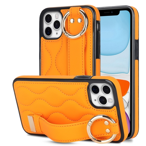

For iPhone 11 Pro Max Non-slip Full Coverage Ring PU Phone Case with Wristband(Orange)