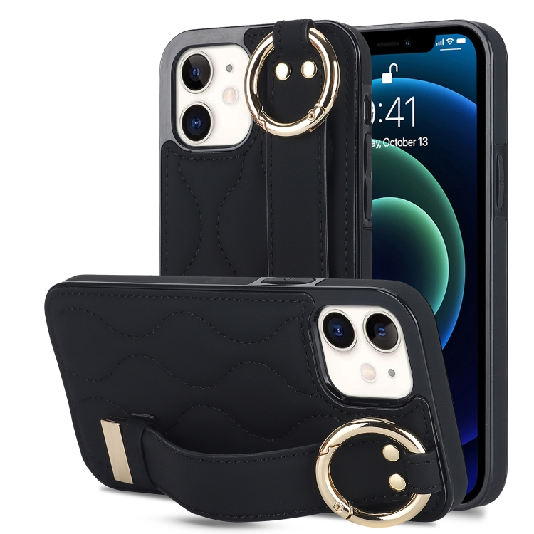 

For iPhone 12 mini Non-slip Full Coverage Ring PU Phone Case with Wristband(Black)