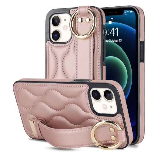

For iPhone 12 mini Non-slip Full Coverage Ring PU Phone Case with Wristband(Rose Gold)