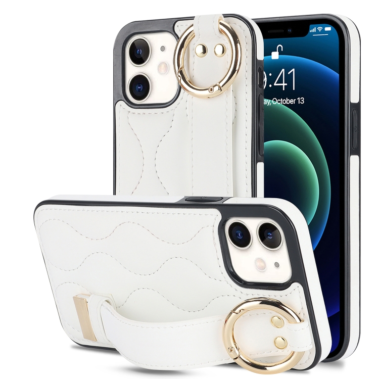

For iPhone 12 mini Non-slip Full Coverage Ring PU Phone Case with Wristband(White)