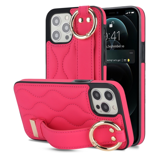 

For iPhone 12 Pro / 12 Non-slip Full Coverage Ring PU Phone Case with Wristband(Rose Red)