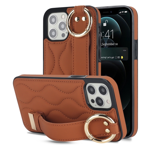 

For iPhone 12 Pro / 12 Non-slip Full Coverage Ring PU Phone Case with Wristband(Brown)