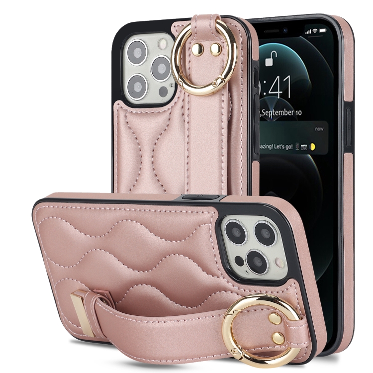 

For iPhone 12 Pro Max Non-slip Full Coverage Ring PU Phone Case with Wristband(Rose Gold)