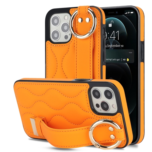 

For iPhone 12 Pro Max Non-slip Full Coverage Ring PU Phone Case with Wristband(Orange)