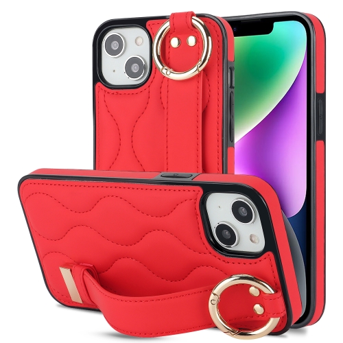 

For iPhone 13 Non-slip Full Coverage Ring PU Phone Case with Wristband(Red)