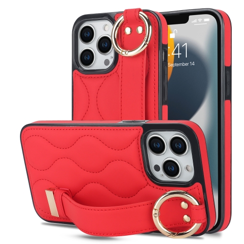 

For iPhone 13 Pro Non-slip Full Coverage Ring PU Phone Case with Wristband(Red)