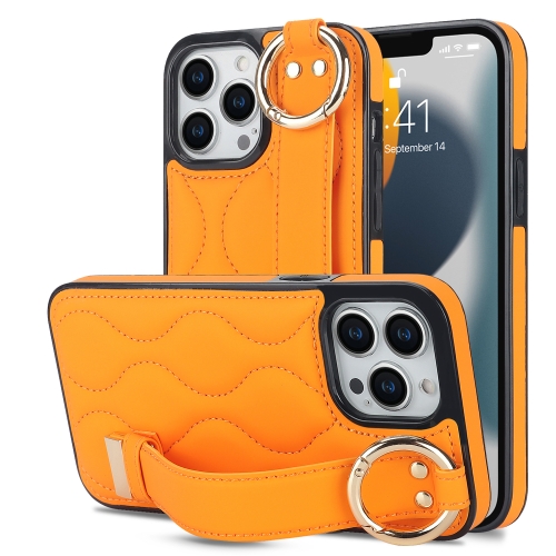 

For iPhone 13 Pro Non-slip Full Coverage Ring PU Phone Case with Wristband(Orange)