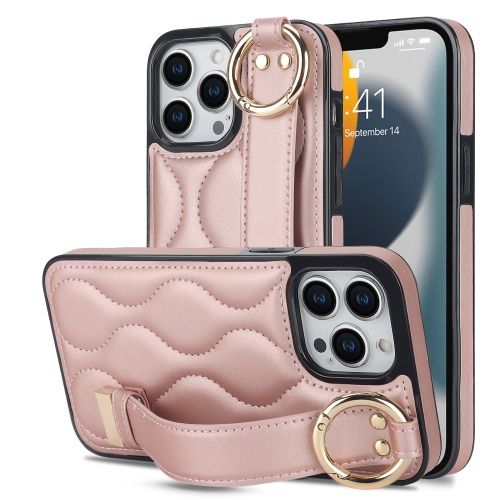 

For iPhone 13 Pro Max Non-slip Full Coverage Ring PU Phone Case with Wristband(Rose Gold)