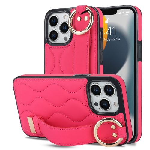 

For iPhone 13 Pro Max Non-slip Full Coverage Ring PU Phone Case with Wristband(Rose Red)