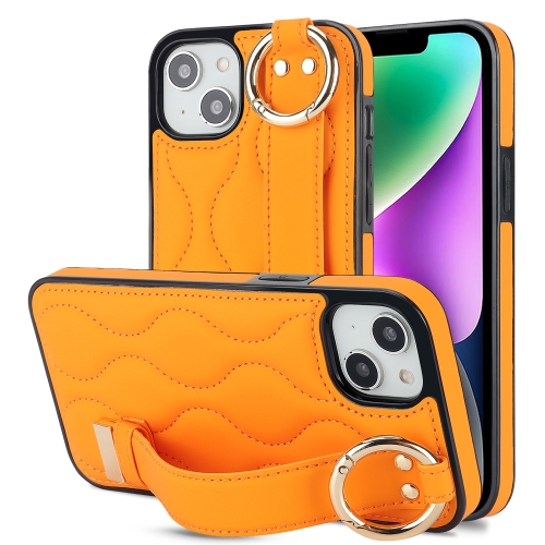 

For iPhone 14 Non-slip Full Coverage Ring PU Phone Case with Wristband(Orange)