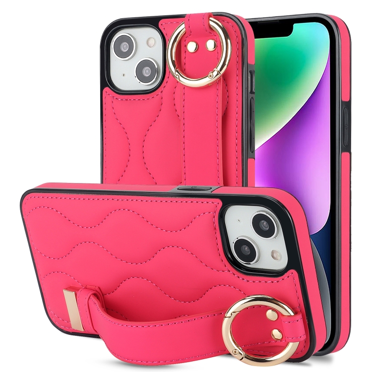 

For iPhone 14 Non-slip Full Coverage Ring PU Phone Case with Wristband(Rose Red)