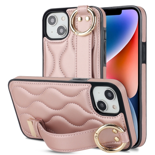 

For iPhone 14 Plus Non-slip Full Coverage Ring PU Phone Case with Wristband(Rose Gold)