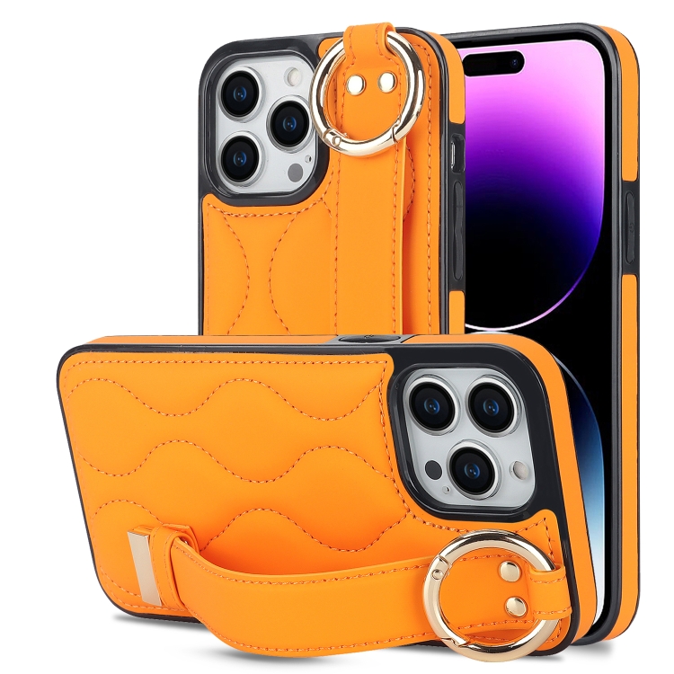 

For iPhone 14 Pro Non-slip Full Coverage Ring PU Phone Case with Wristband(Orange)