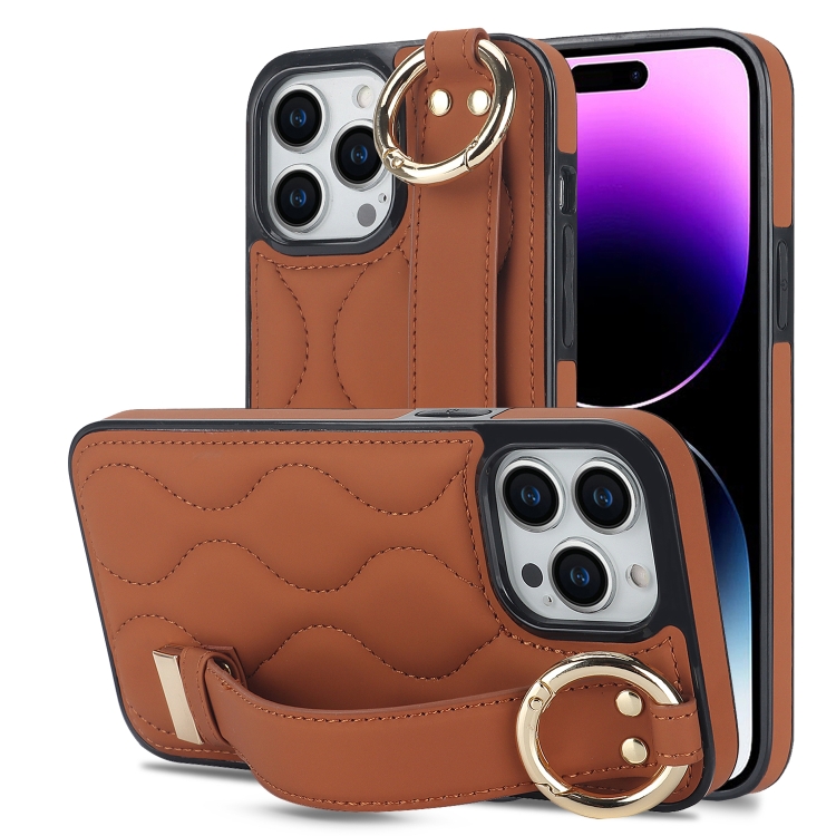 

For iPhone 14 Pro Non-slip Full Coverage Ring PU Phone Case with Wristband(Brown)