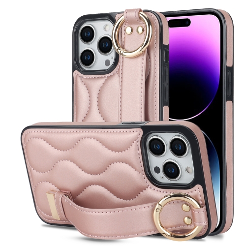 

For iPhone 14 Pro Max Non-slip Full Coverage Ring PU Phone Case with Wristband(Rose Gold)