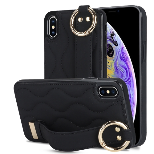 

For iPhone XS / X Non-slip Full Coverage Ring PU Phone Case with Wristband(Black)