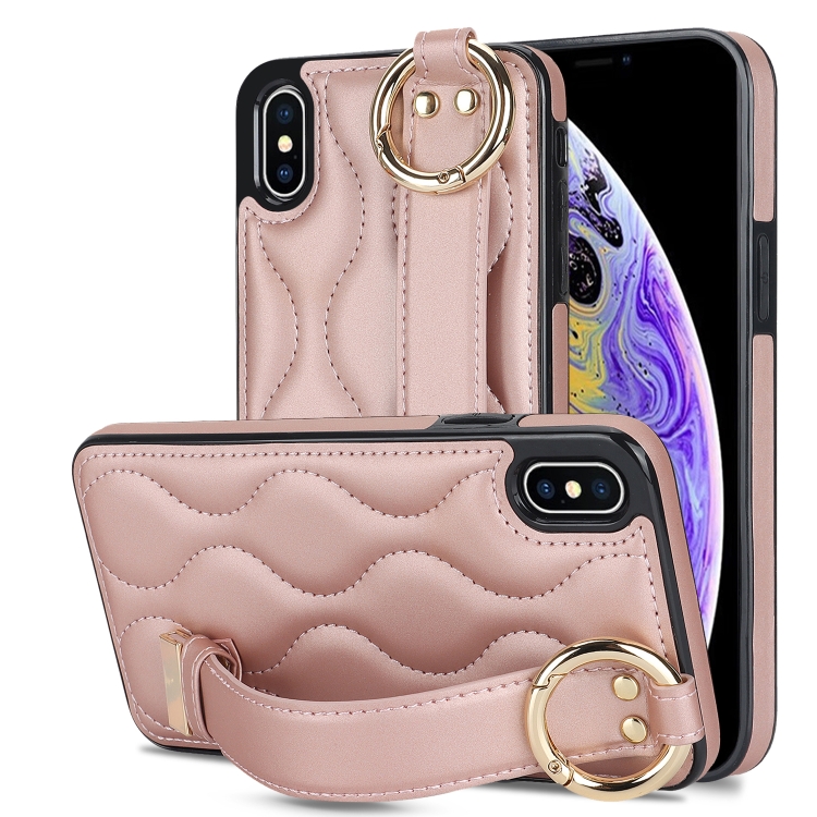 

For iPhone XS / X Non-slip Full Coverage Ring PU Phone Case with Wristband(Rose Gold)