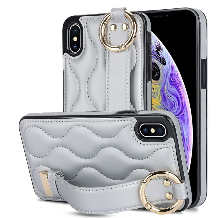 

For iPhone XS / X Non-slip Full Coverage Ring PU Phone Case with Wristband(Silver)