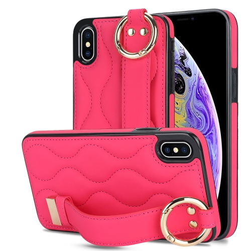 

For iPhone XS / X Non-slip Full Coverage Ring PU Phone Case with Wristband(Rose Red)