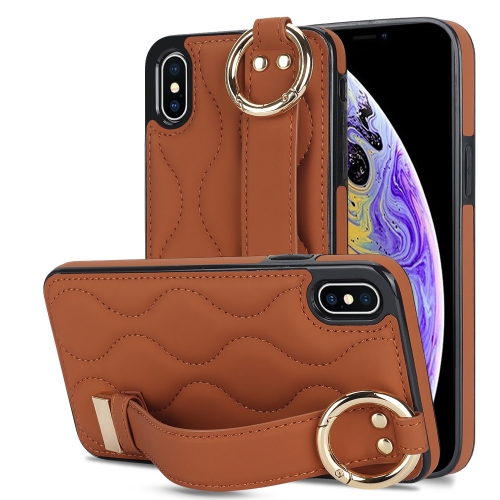

For iPhone XS / X Non-slip Full Coverage Ring PU Phone Case with Wristband(Brown)