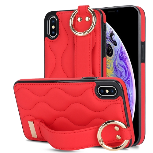 

For iPhone XS Max Non-slip Full Coverage Ring PU Phone Case with Wristband(Red)