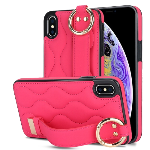 

For iPhone XS Max Non-slip Full Coverage Ring PU Phone Case with Wristband(Rose Red)