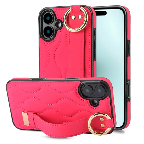 

For iPhone 16 Plus Non-slip Full Coverage Ring PU Phone Case with Wristband(Rose Red)