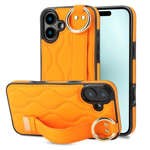 

For iPhone 16 Non-slip Full Coverage Ring PU Phone Case with Wristband(Orange)