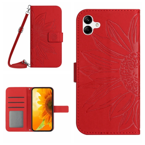 

For Samsung Galaxy A05 Skin Feel Sun Flower Embossed Flip Leather Phone Case with Lanyard(Red)