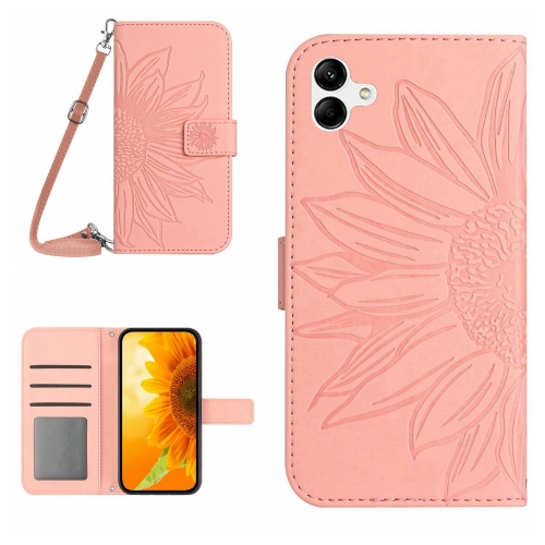 

For Samsung Galaxy A05 Skin Feel Sun Flower Embossed Flip Leather Phone Case with Lanyard(Pink)