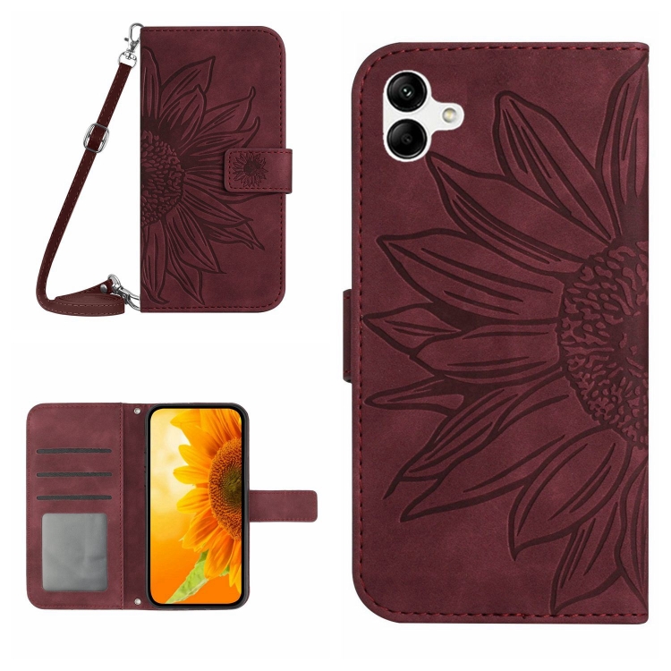 

For Samsung Galaxy A05 Skin Feel Sun Flower Embossed Flip Leather Phone Case with Lanyard(Wine Red)