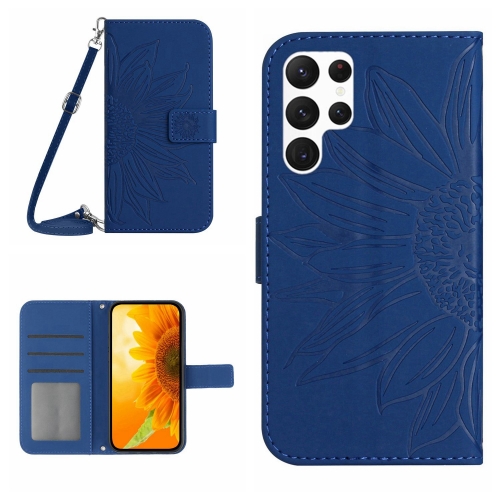

For Samsung Galaxy S24 Ultra 5G Skin Feel Sun Flower Embossed Flip Leather Phone Case with Lanyard(Dark Blue)