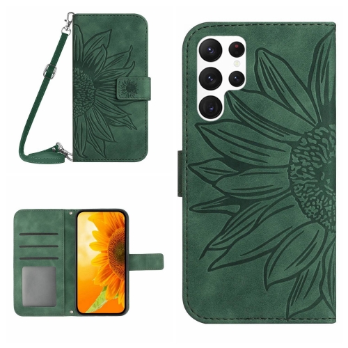 

For Samsung Galaxy S24 Ultra 5G Skin Feel Sun Flower Embossed Flip Leather Phone Case with Lanyard(Green)