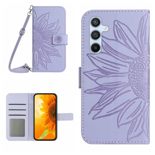 

For Samsung Galaxy A15 Skin Feel Sun Flower Embossed Flip Leather Phone Case with Lanyard(Purple)