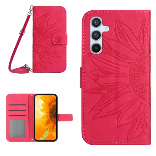 

For Samsung Galaxy A15 Skin Feel Sun Flower Embossed Flip Leather Phone Case with Lanyard(Rose Red)