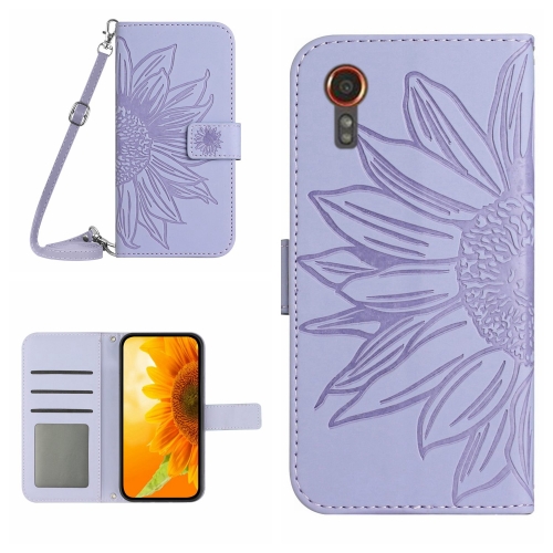 

For Samsung Galaxy Xcover 7 5G Skin Feel Sun Flower Embossed Flip Leather Phone Case with Lanyard(Purple)