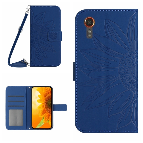 

For Samsung Galaxy Xcover 7 5G Skin Feel Sun Flower Embossed Flip Leather Phone Case with Lanyard(Dark Blue)
