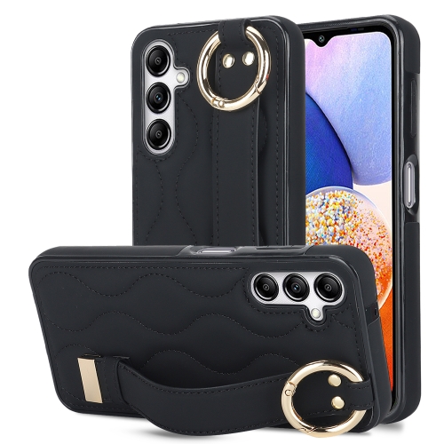 For Samsung Galaxy A14 4G / 5G Non-slip Full Coverage Ring PU Phone Case with Wristband(Black) right angle drill attachment metal body impact driver 90 degree drill adapter with detachable handle for tight spaces