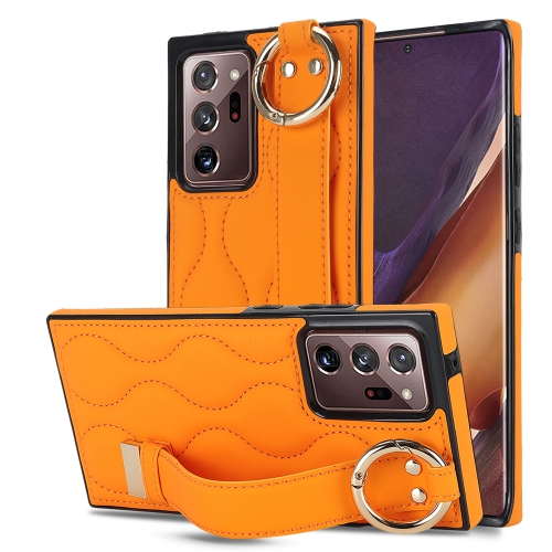 For Samsung Galaxy Note20 Ultra Non-slip Full Coverage Ring PU Phone Case with Wristband(Orange) for samsung galaxy s22 ultra 5g ring card litchi leather back phone case orange