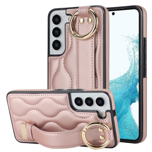 For Samsung Galaxy S22 Non-slip Full Coverage Ring PU Phone Case with Wristband(Rose Gold) for samsung galaxy a05 electroplating marble imd tpu phone case with ring holder green 003
