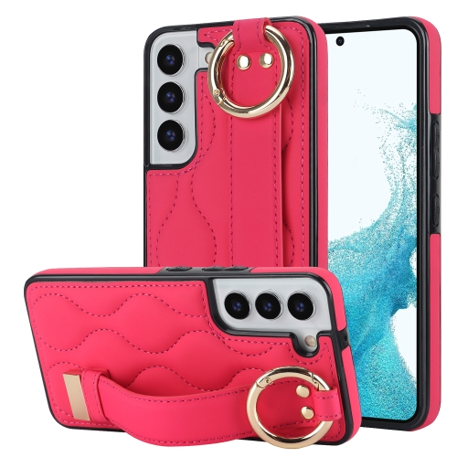 

For Samsung Galaxy S22 Non-slip Full Coverage Ring PU Phone Case with Wristband(Rose Red)