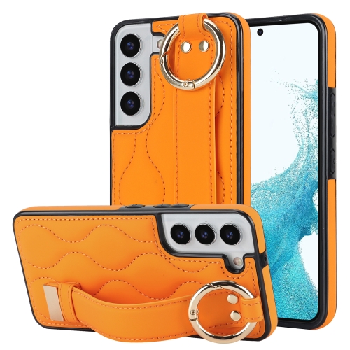 For Samsung Galaxy S22+ Non-slip Full Coverage Ring PU Phone Case with Wristband(Orange) for honor x6a electroplating dual side imd phone case with ring holder smile