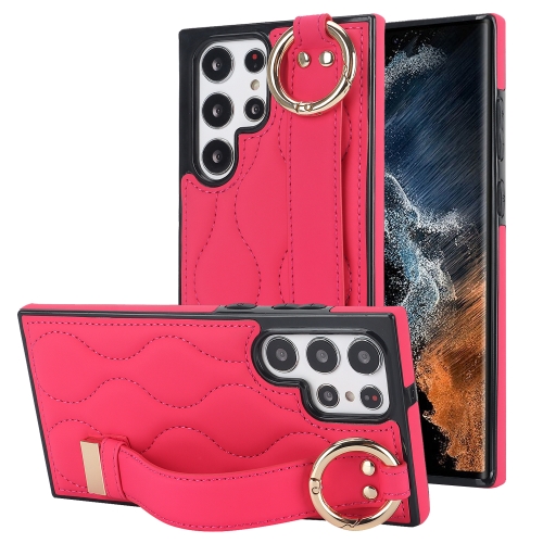 

For Samsung Galaxy S22 Ultra Non-slip Full Coverage Ring PU Phone Case with Wristband(Rose Red)