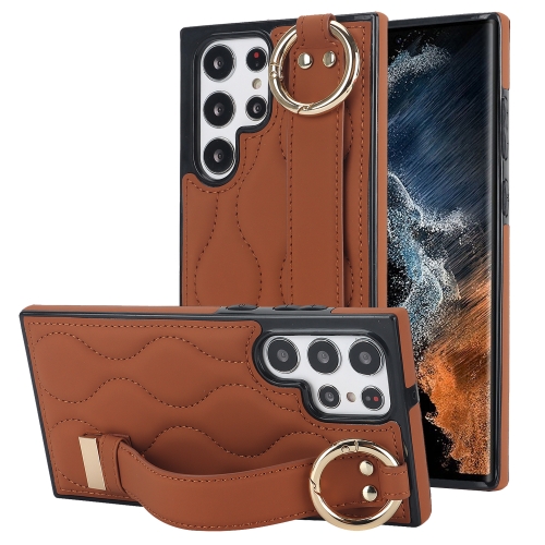 For Samsung Galaxy S22 Ultra Non-slip Full Coverage Ring PU Phone Case with Wristband(Brown) for samsung galaxy s22 ultra 5g ring card litchi leather back phone case orange